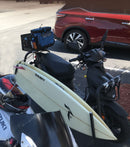 2 surfboards being held in the surf board moped rack at the same time using the optional SUP arms