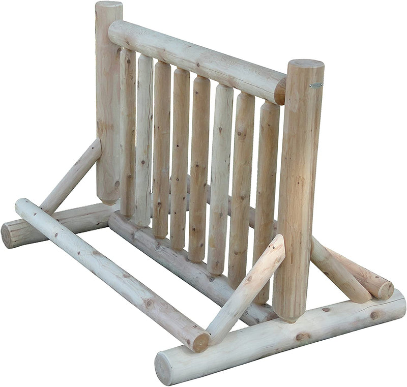 Wooden log bike freestanding storage rack.  The image is over a white background. 