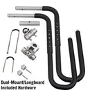 Longboard surfboard rack (e-bike) and SUP board bicycle rack and the included hardware in a top-down display. The rack is made of metal and has multiple options for mounting to a bike.
