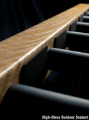 Front View of the top of the wooden freestanding surfboard rack shown with the High-Gloss Outdoor Sealant. Padded Dowels are coming off the wood rack.