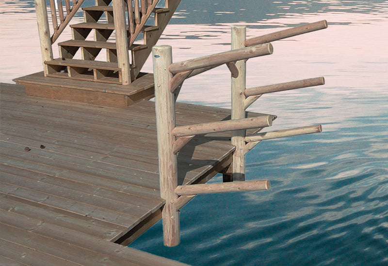 Dockside Kayak & Canoe rack made out of logs by the water.  The rack is connected directly to a pier or dock with wooden stairs in the background. 