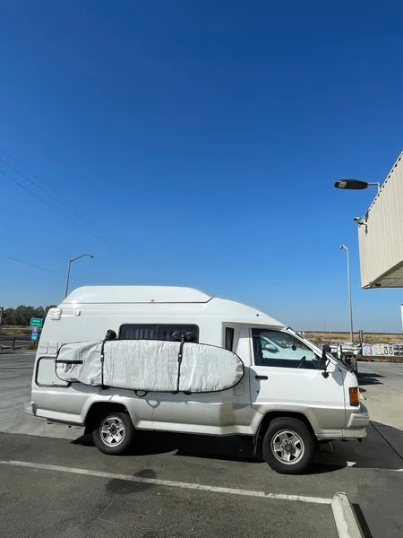 White sprinter van with a surfboard mounted to the side of the vehicle.  The van is parked in an empty parking lot with a big blue sky in the background. 