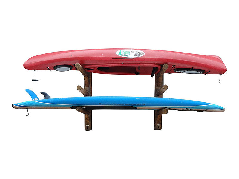 Front angle of the 2 SUP + 1 Kayak Log Wall Rack Canyon Brown Finish.  The rack is holding a red kayak on the top level and blue SUP board on the lower level. 