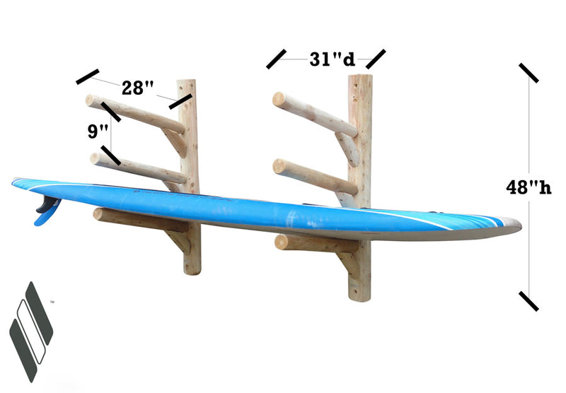 3 board SUP log rack dimensions.  The arm depth is 28 inches.  9 inches are between each arm.  31 inches for total depth.  48 inches for total height.  the epic diamond is in the bottom left hand corner. 