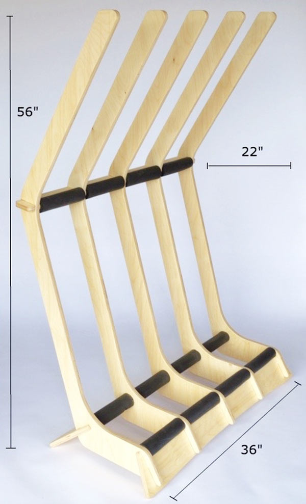Detailed dimensions for the 4 board epic floor rack.  The rack has a total height of 56 inches. 22 inches is it's depth.  The rack is 36 inches wide.  The image has a grey background. 