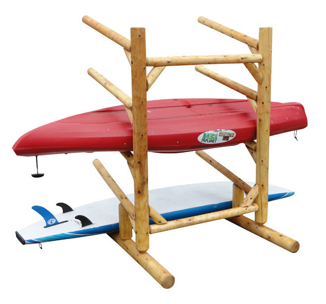 Rear view pic of the single sided 4 boat kayak, canoe, and SUP log rack.  A red Kayak is stored in the storage rack with an SUP board stored at the very bottom feet of the rack. 