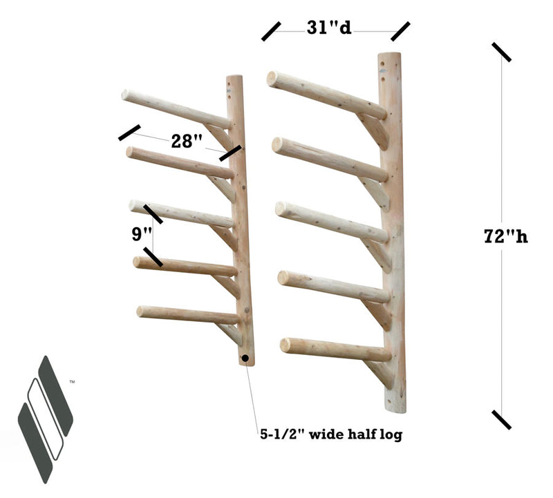 Dimensions for the 5 board SUP Wall Rack Dimensions are shown along side the rack.  28 inches for arm depth.  31 total inches coming off the wall.  72 inches total height. 5.5 inches for width of each log.  9 inches between each level. 
