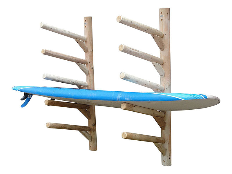 5 SUP or 4 SUP + 1 Kayak Log Wall Storage Rack - Unfinished (sanded) The rack is mounted to a white wall, and is holding a blue SUP board. 
