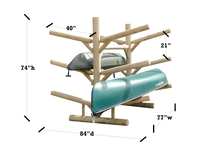 Dimensions shown for 6 level double sided kayak and canoe wooden log rack.  74 Inches in height.  Each Rung is 40 Inches.  84 Inch Total Width.  77 Inch Depth.  21 Inch between rungs.  Showing one canoe and one kayak placed on each side of the rack. 