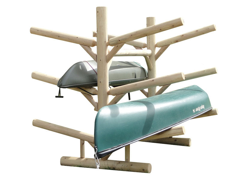 Product image on white background showing a double sided 6 level Kayak and Canoe Rack  made of natural wood. The rack is holding a Canoe on one side, and a kayak mounted on the other. 