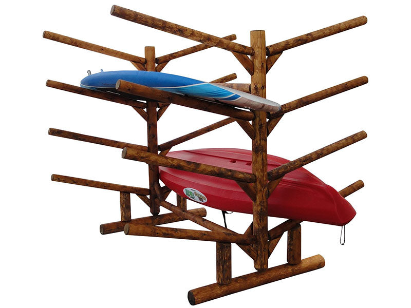 Side profile of dark wood 8 slot wooden freestanding Kayak rack on a white background.  One blue SUP board is on the top left, with one Red kayak is stored on the bottom right of the rack. 