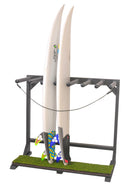 BlackOut Grassy Surf vertical freestanding Rack shown holding two white surfboards. The rack is flat black in color, and has a faux grass part at the bottom where the surfboards sit.