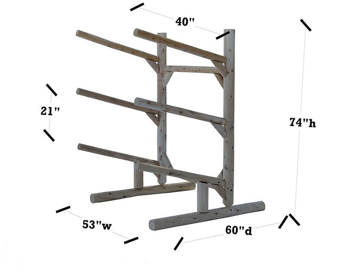 Detail image showing the dimensions for the Kayak, SUP and Canoe Log Rack | Fits 2 or 3 Boats.  74 inches total height.  60 inches total depth.  40 inch arm length.  21inches between each level.  53 inches wide. 