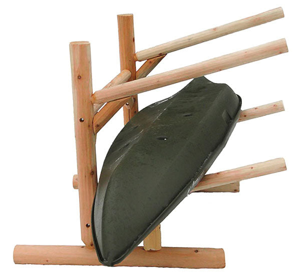 Kayak, SUP and Canoe Log Rack for 2  Boats shown holding a single green kayak on the lower level.  The image is on a white background. 