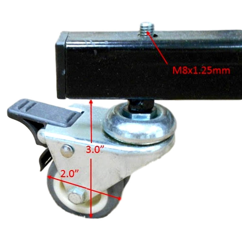 Closeup Image of the locking casters mounted on the rack on a white background.  Caster dimensions show 2 inches width, and 3 inches of height.  The bolt thread is an M8x1.25mm