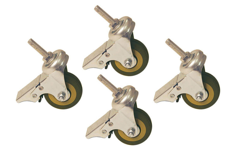 Set of 4 metal locking casters that come with the SUP Freestanding rack shown on a white background.