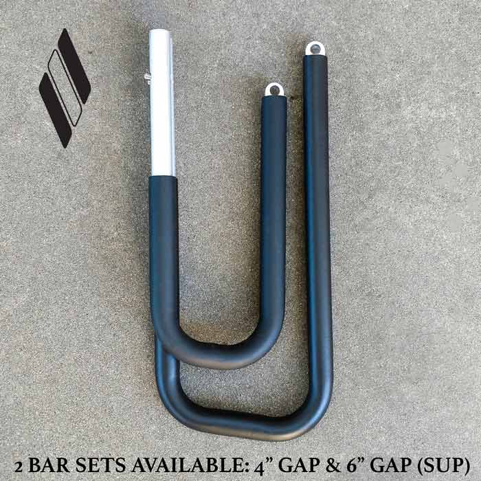 2 sets of hooks available SUP & surfboard.  These hooks are for the dual-mount Surfboard and SUP bicycle racks.  Text at the bottom of the image reads 2 bar sets available: 4" gap & 6" gap (SUP).  the image shows the size difference between each hook size, for comparison.