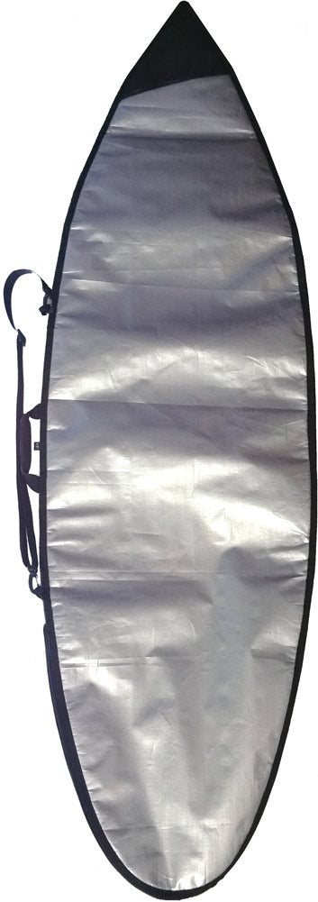 Single Day Use Bag overhead picture showing the reflective coating of the bag, that protects surfboards while transporting.  
