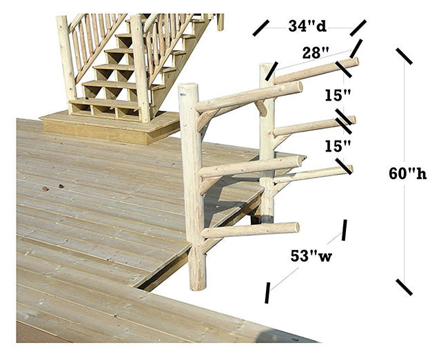 Detailed dimensions of the SUP & Kayak Dock Rack | Dockside Log Rack.  The Total depth of the rack is 34 inches.  The depth of each level or arm is 28 inches.  The height between each level is 15 inches. Total height is 60 inches. Total width is 53 inches. 