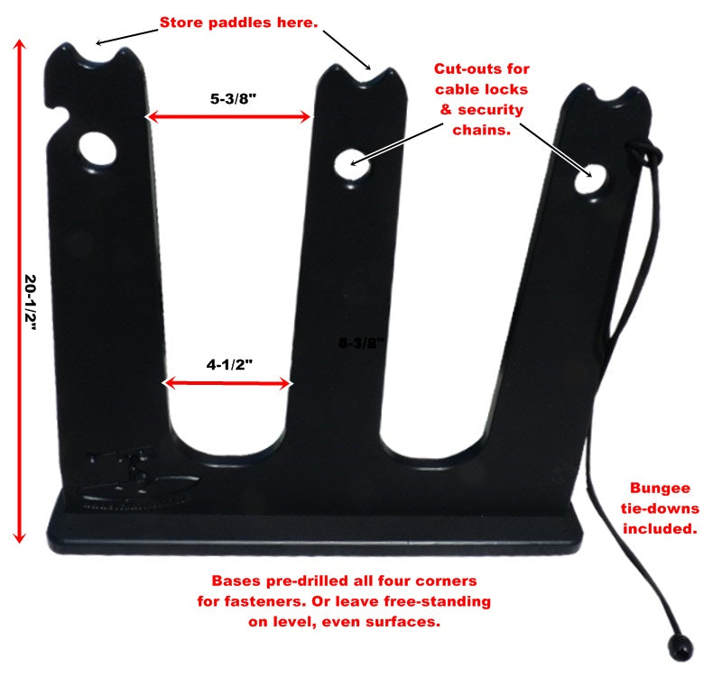 Dimensions for SUP & Surfboard Rack for Docks and Piers.  The height is showing 20.5 inches.  that it has paddle storage at the top of each rack rung.  And there is 5 and 3/8 inches in between each slot for the stand up paddle board. 