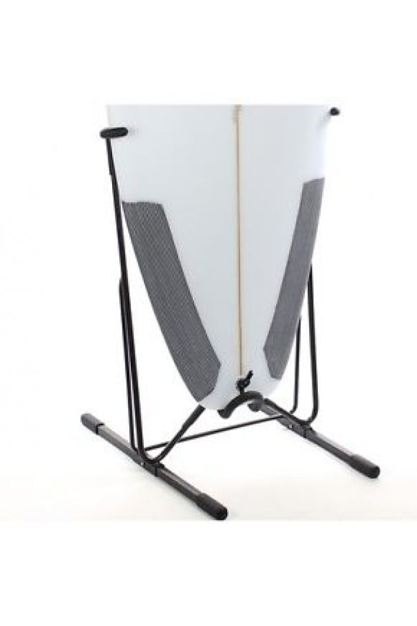 Closeup of the Steel Single Rack with a white surfboard in the rack on a white background. 