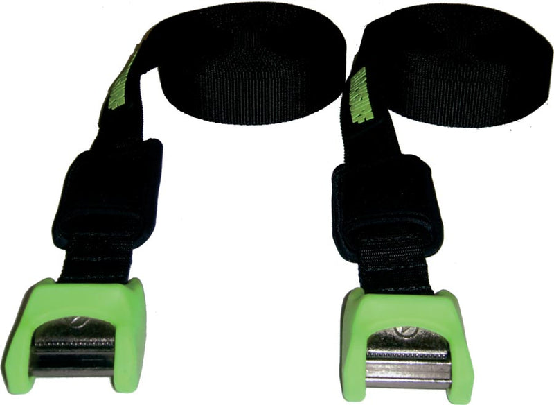 Tie down straps for surfboards for SUP Stand Up Paddle boards. Has green silicone buckle to provide no-scratch experience for car or automotive 