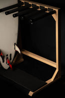 Red oak freestanding surfboard rack of super high quality hardwood. handmade holding one shortboard.