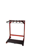 Finished Foamy Surf Rack shown with no surfboards sitting on a white backgrond. The rack is a dark brown wood color with a high-gloss finish. There is a black foam pad at the bottom of the surf rack.