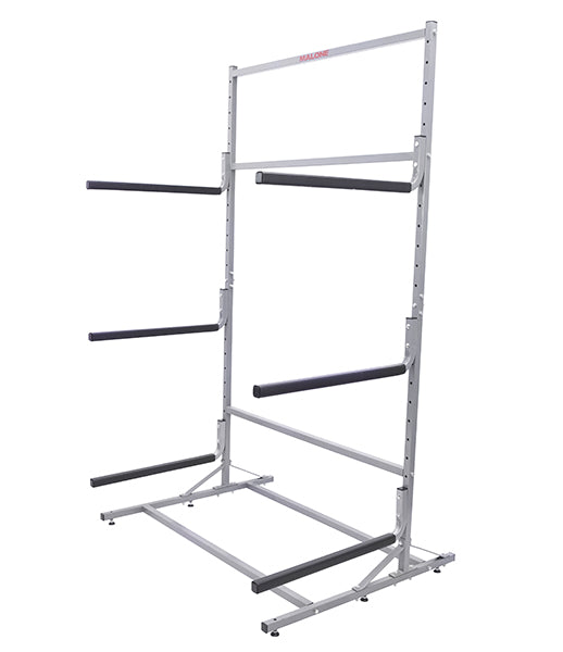 Side angle of the Metal Free-Standing Rack. This rack is shown having 3 separate levels to hold watercraft.  The rack is made of grey powder-coated metal, and is shown on a white background.