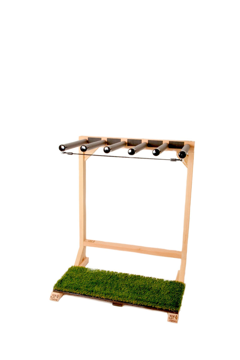 Front facing image of the SUP Grassy - 3 Board Stand Up Paddle / Longboard Rack. The freestanding wooden rack is holding no boards, and is on a white background.