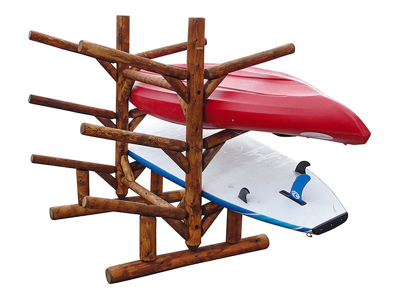 6 SUP and Kayak Log Storage Rack shown on a white background.  The wood is a dark brown color, also known as canyon brown.  The rack has a red kayak on one side, and a blue/white SUP board mounted directly below it. 