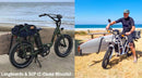 2 electric bike images shown next to each other one is a green bike holding a longboard next to the ocean , the other is a man sitting on a white e-bike next to the beach on a sunny day. White text says Longboards & SUP (C-Clamp Mounts)