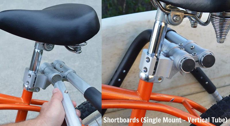 Two images showing the mounts for a surf rack hooked up to a bicycle.  One has a hand plugging the hooks into the rack.  White text reads Shortboards (Single Mount - Vertical Tube)