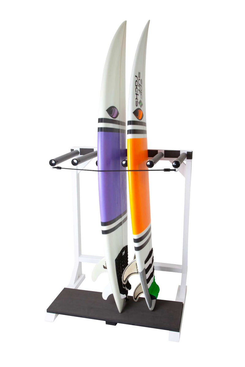 MarshMellow Foam white surfboard rack shown storing two high-performance surfboards in the vertical upright position. The rack is over a white background. 