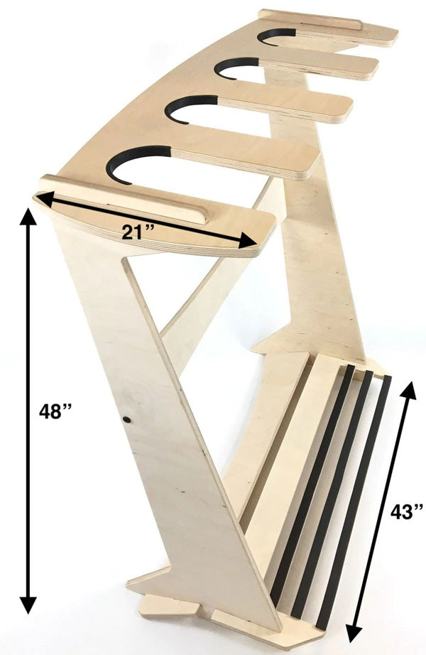 Premium wooden 4 board freestanding rack sizing and dimensions. 43" Total Width.  48" Height. 21" total Depth.  The image is on a white background.