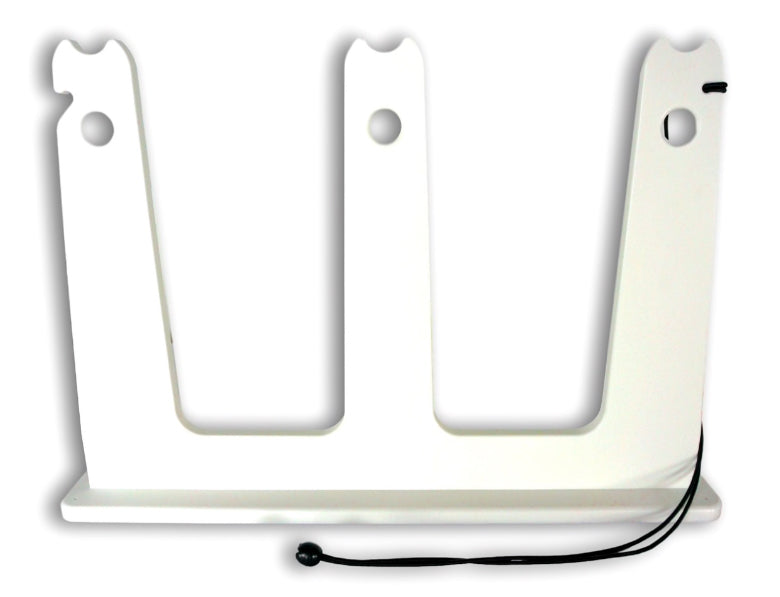Front view of the white SUP Rack for Docks and Piers | Touring and Race Paddle boards.  The rack is showing two slots with a bungie attached at the side.  The image is on a white background. 