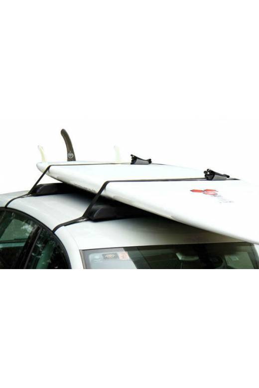 Picture of the SUP soft rack with a white Stand Up Paddle Board mounted to the roof of a white car. 