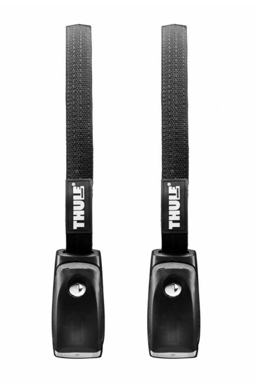 THULE Lockable Tie Down Straps shown a top-down view showing the lockable latches and the high quality materials used.  The rack is black.  The background of the image is white. 