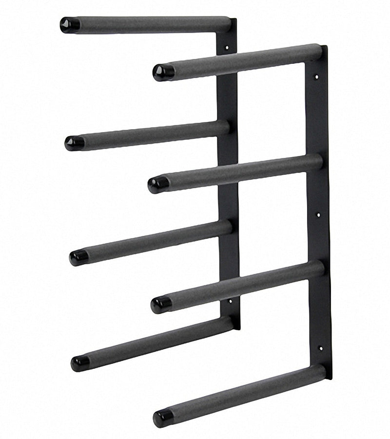 Black Metal Berghwing Wall Rack.  Has Foam padding around each rung with shiny black end caps.  The rack shown can hold up to 4 flyers. 