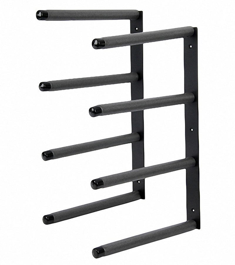 Black Metal Surfboard Wall Rack.  Has Foam padding around each rung with shiny black end caps.  The rack shown can hold up to 4 surfboards. 