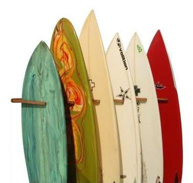 example of the wooden surfboard rack storing multiple surfboards in the vertical position. Wood Multi | Surf Rack for 1-4 boards