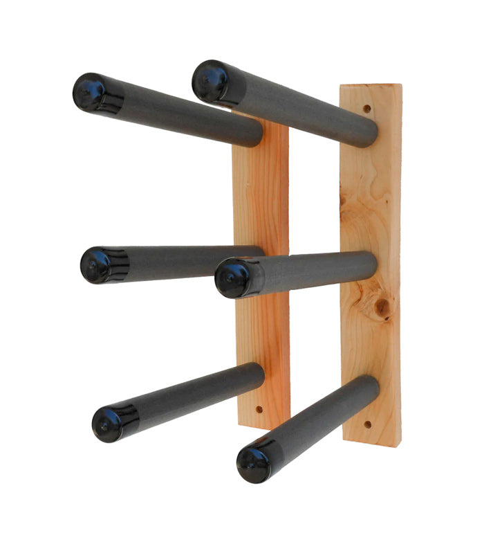 Wooden surf rack showing 3 levels on each side.  The rack is made of wood with the dowels having grey protective foam over them and secured with black vinyl end caps. 