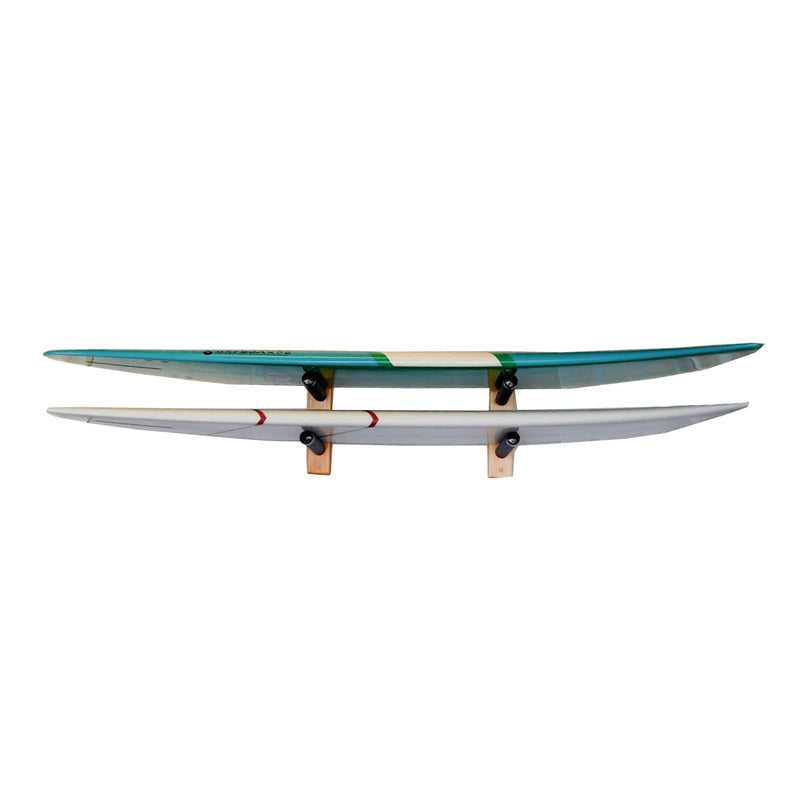 2 board surfboard wall rack.  Storing 2 longboards one green and one white.  There are two levels shown on this longboard wall rack.  Boards are stored in the horizontal position. 