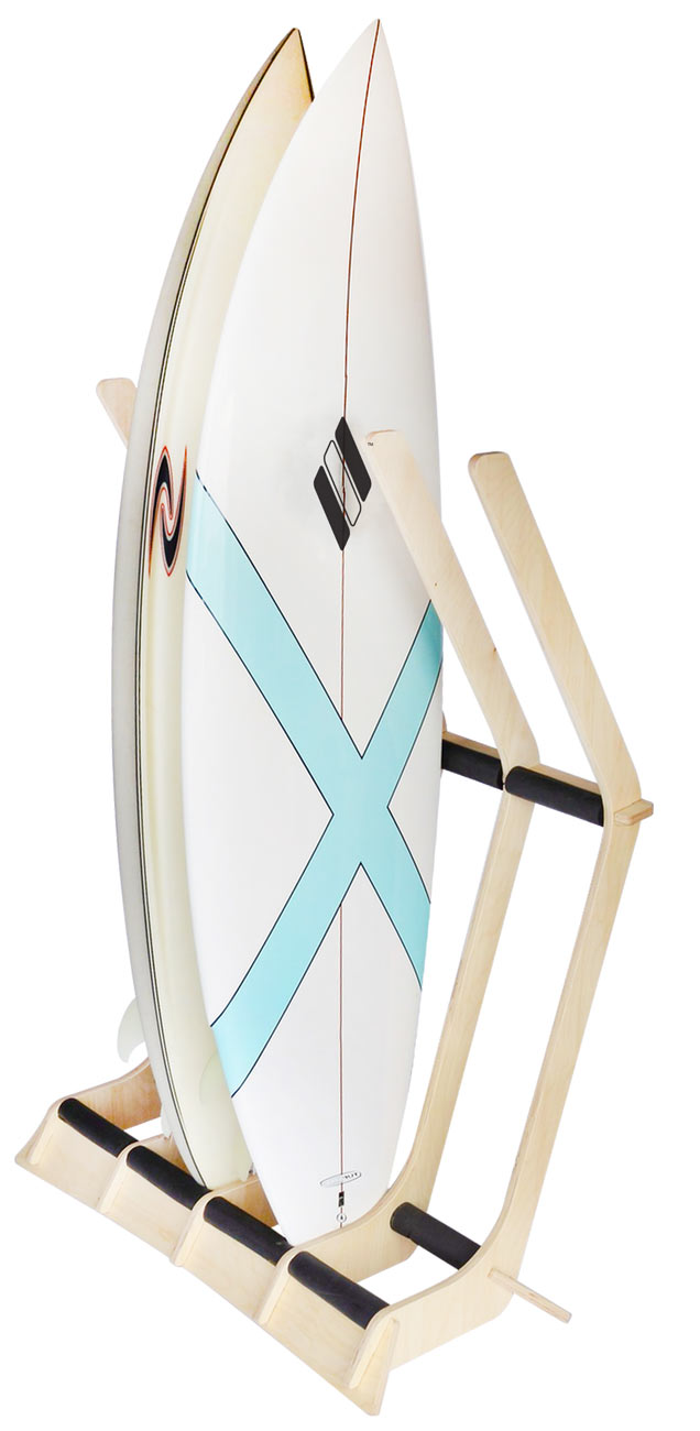 Side picture of the 4 surfboard wooden freestanding floor rack.  The surfboard storage unit is holding two surfboards, with the capability to hold more.  The rack is made of a light shaded wood. 