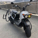 dual-mount moped rack being used with both mounts attached to the rear of the bike