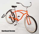 Single mount point e-bike surf rack mounts to seat post showing mounted on an orange beach cruiser. Text at the bottom of the image reads "Shortboard Version"