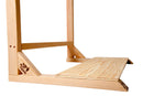 Close up detail shot of the Woody Surf Rack all wood base. Sanded wood finish with high quality hand-selected wood. The Epic Surf Racks Logo is branded into the side of the wood. The rack is sitting on a white floor.