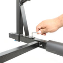 Close up view of the hardware assembly of the 4-SUP freestanding metal rack for surfboards. 