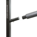 Closeup view of the 4 Level SUP rack made with black metal, showing the quick-release connector for the dowel.