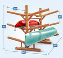 Dimensions shown for 6 level double sided kayak and canoe wooden log rack.  74 Inches in height.  Each Rung is 40 Inches.  84 Inch Total Width.  77 Inch Depth.  21 Inch between rungs.  Showing one canoe and one kayak placed on each side of the rack. 